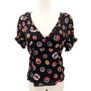 Maeve Anthropologie Black Novelty‎ Print Ruffle Sleeve Top NWT Size S